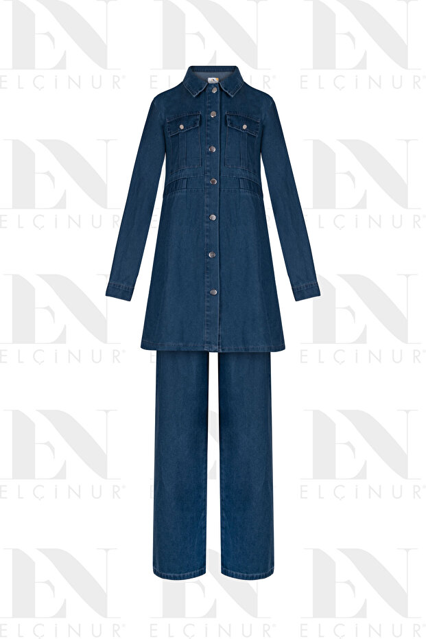 26353 Denim Jeans Tunic Trousers Set – Modern Hijab Set with Buttoned Pocket Detail