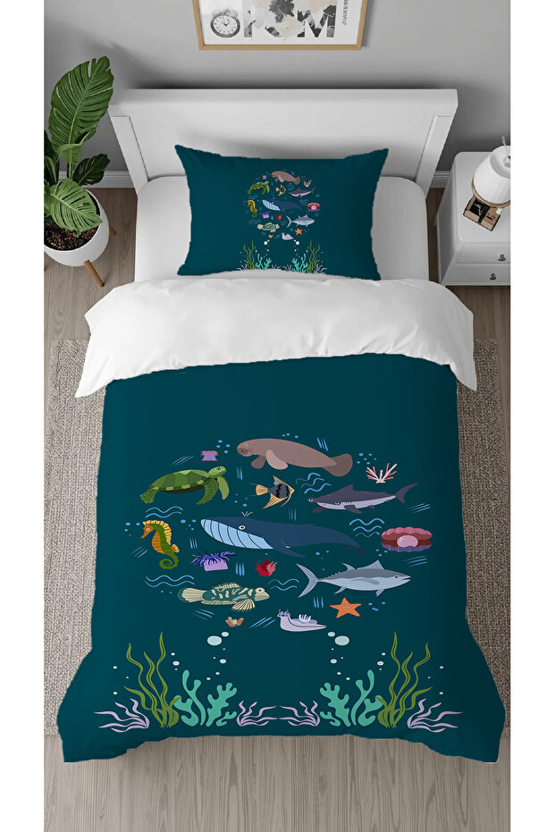 Sea Fish Ocean Patterned Digital Printed Special Design Stylish Single Duvet Cover Set Without Sheets