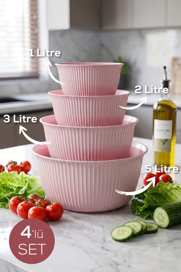 4-Piece Mega Size Plastic Mixing and Storage Bowl Set Pink | 1L, 2L, 3L, 5L