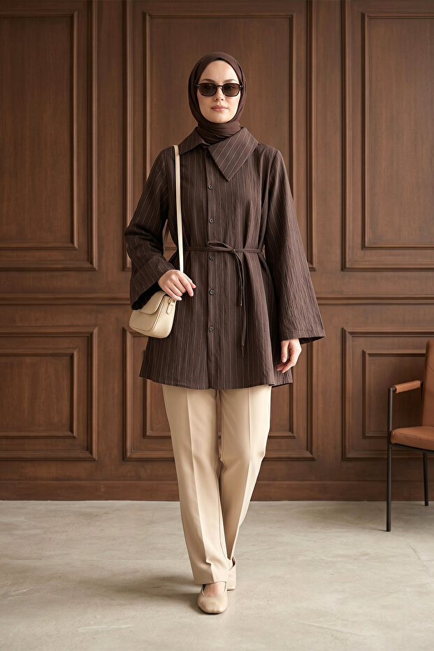 Side Collared Buttoned Crinkle Shirt Tunic - Brown