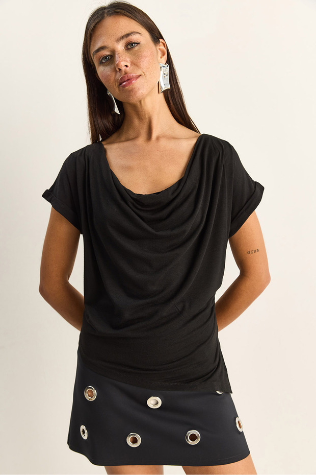 Women's Black Gathered Waist Detailed Degaje Collar Asymmetrical Cut Blouse 7664 60286126
