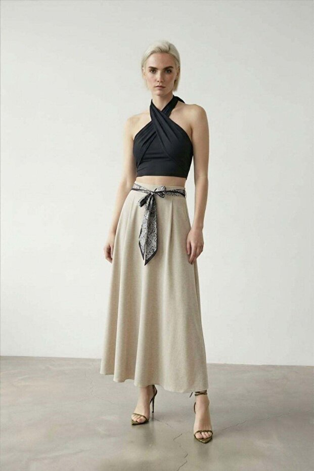 Foulard Belted Zippered Skirt Beige