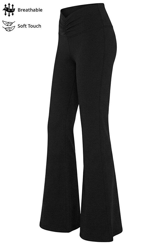 Black Viscose High Waist Gathered Front Spanish Flared Women's Trousers