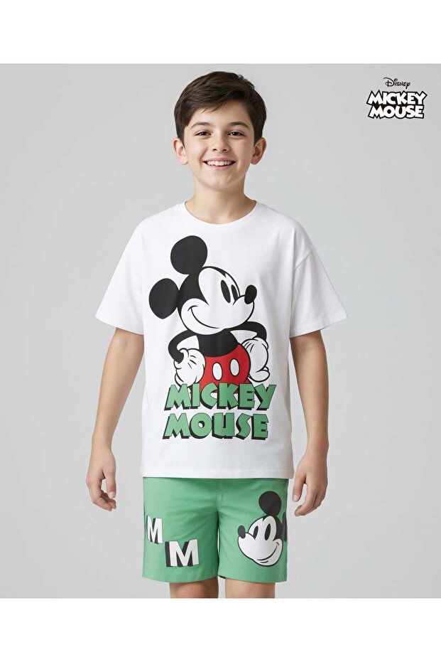 Half Sleeve Drop Shoulder T-Shirt and Shorts Set Mickey Mouse Graphics - Light Green & White