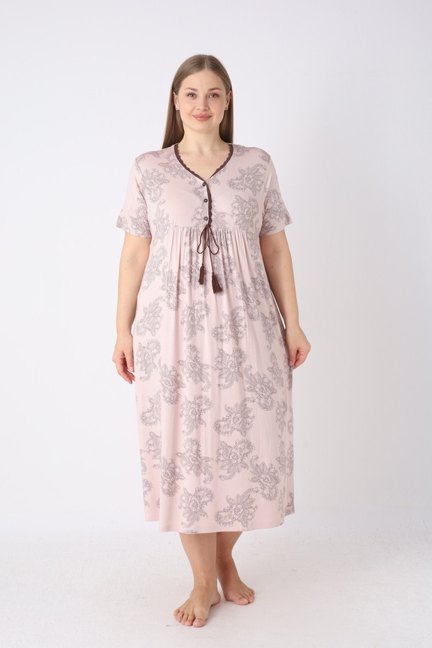 Women's Plus Size Elegant Collar Lace and String Detailed Ring Viscose Short Sleeve Nightgown