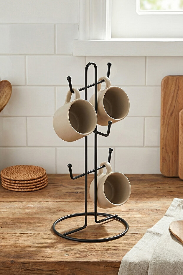 Luxury Thermoplastic Coated Metal Mug Hanger Black 6-Piece Mug Cup Stand Coffee Corner Organizer