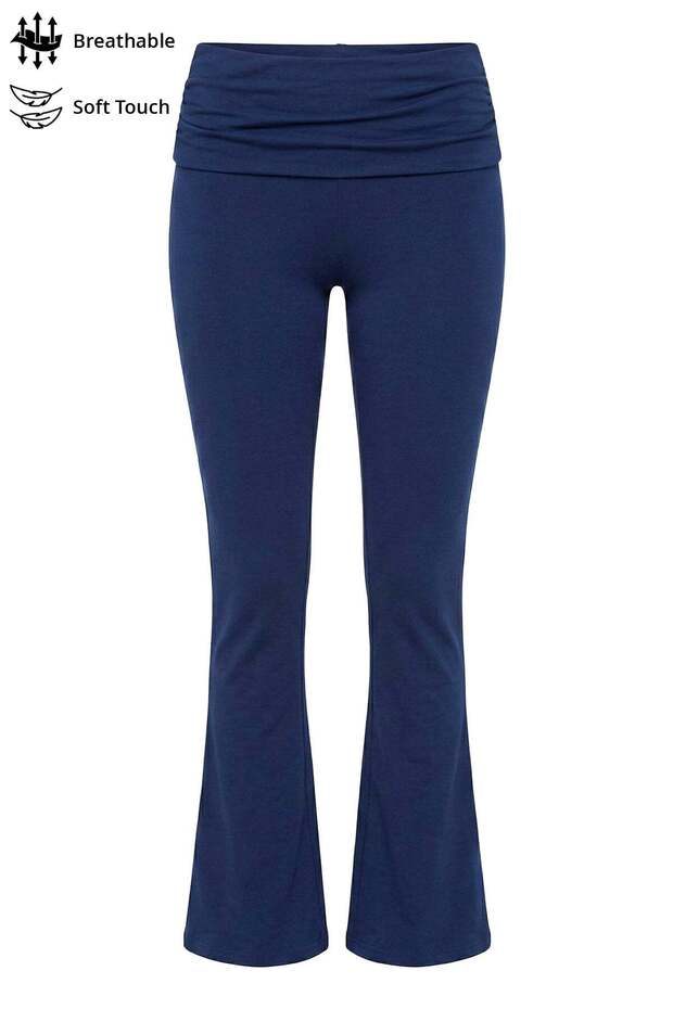Navy Blue Viscose High Waist Belt Detailed Spanish Flared Women's Trousers Flared