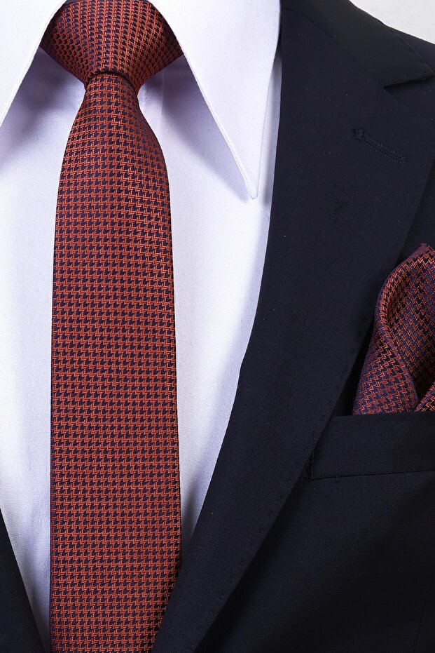 Hand Made 6 cm Slim Mini Patterned Navy Blue Tile Color Handkerchief Thin Tie