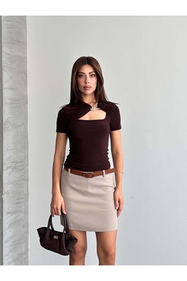 Low-Cut Collar and Buckle Blouse Brown