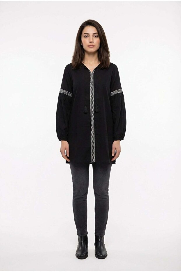 Long Sleeve Lace-Up V-Neck Summer Tunic Black Syh