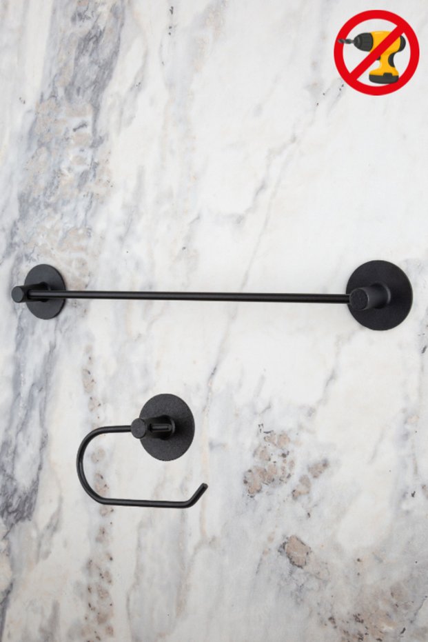 Black Round Adhesive Long Towel Holder / Open Toilet Paper Holder Set of 2 Bathroom Organizer
