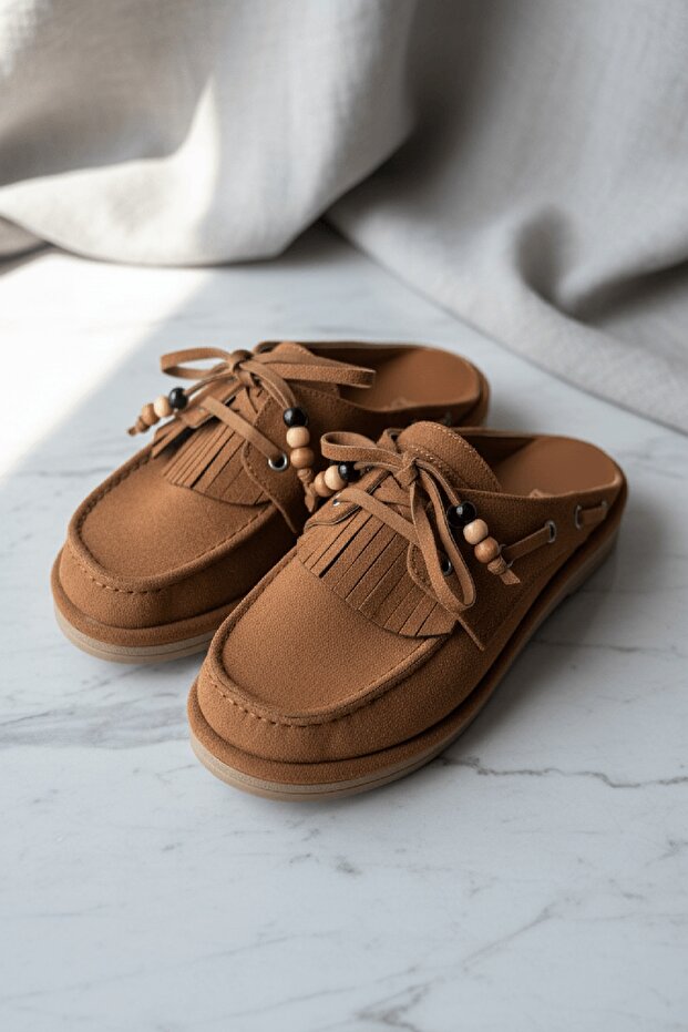 Fiona Tan Suede Tasseled (2 cm Heeled) Round Toe Bead Detailed Slippers