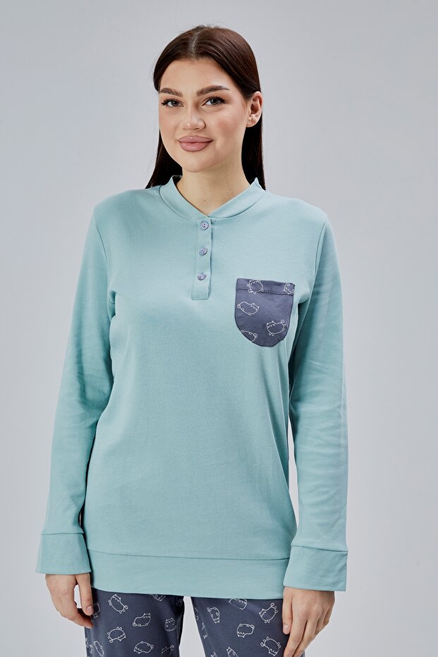 Women's Long Sleeve Cotton Piece Pajama Set Buttoned Pocket Detail Bottom Top Set