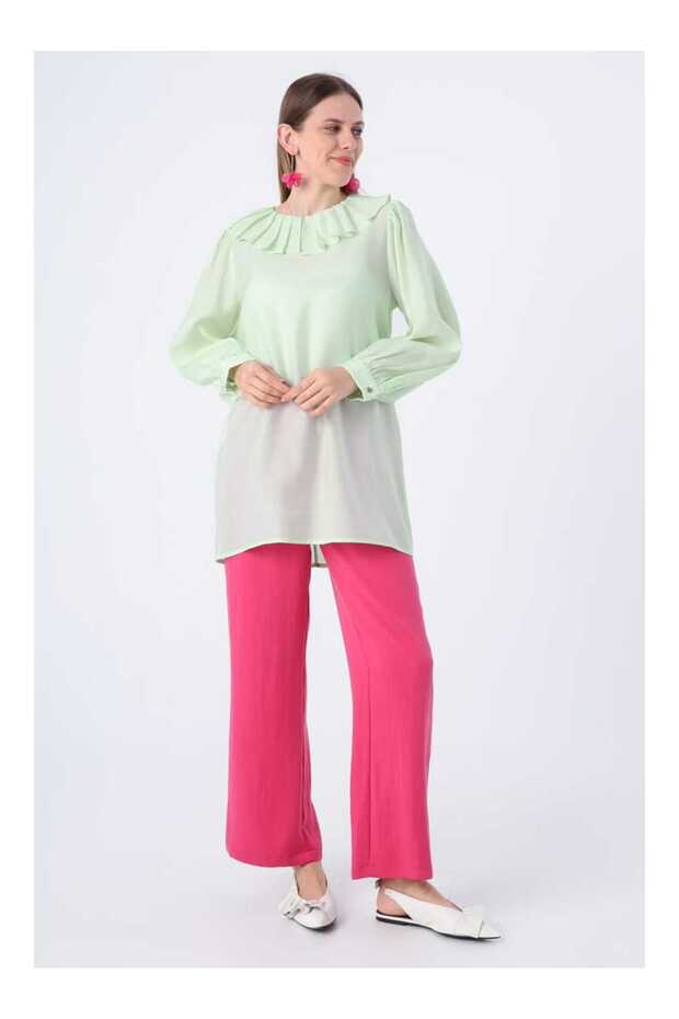 Mint Pleated Collar Balloon Sleeve Tunic