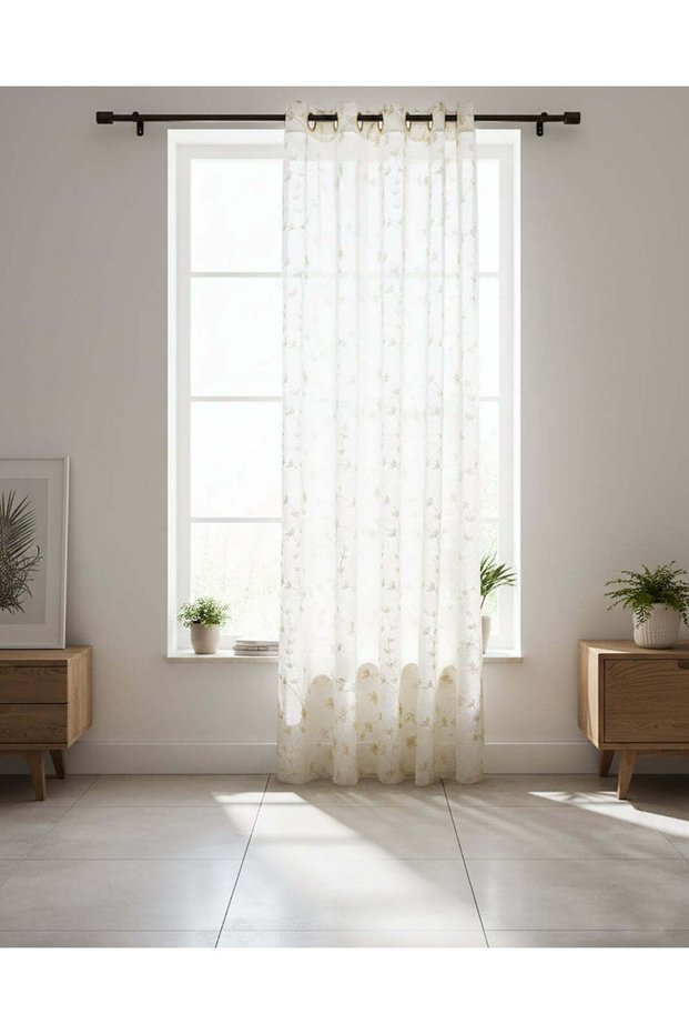 Beige Floral Embroidered Sheer Curtain
