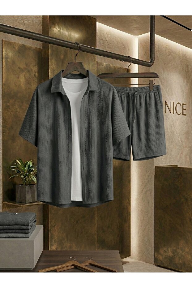 Men's Summer Bürümcük Relax Comfortable Fabric Top and Bottom Set-Shorts Shirt Set