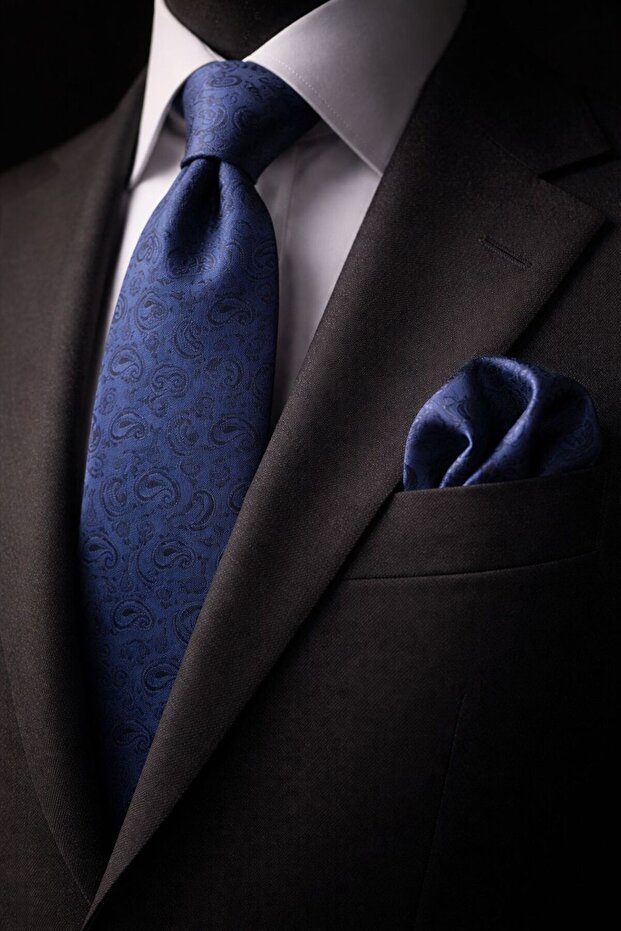 Navy Blue Shawl Patterned Handkerchief Tie