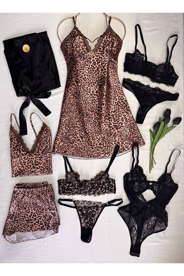 Leopard 8-Piece Boxed Satin Dressing Gown Nightgown Underwear Dowry Set
