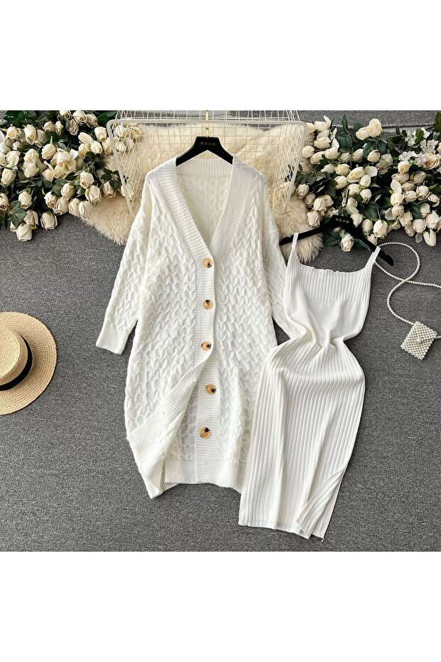 Twisted Design Loose Sweater Coat and Halter Knitted Skirt Two-Piece Set