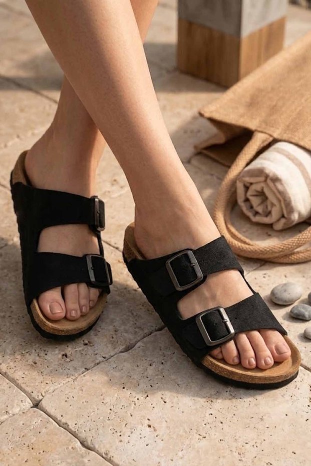 Double Buckle Anatomical Sole Daily Women's and Men's Slippers Sandals - Black-Mink