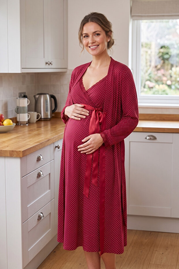 Polka Dot V-Neck Belted Maternity Dressing Gown Set with Straps for Easy Breastfeeding
