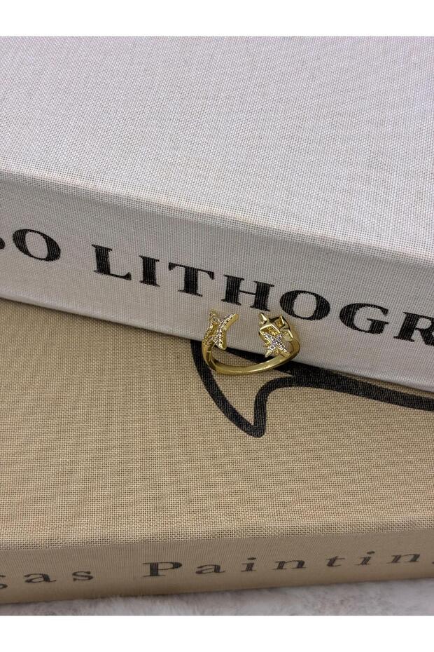 Gold Color Zircon Stone Star Detail Adjustable Brass Ring T2