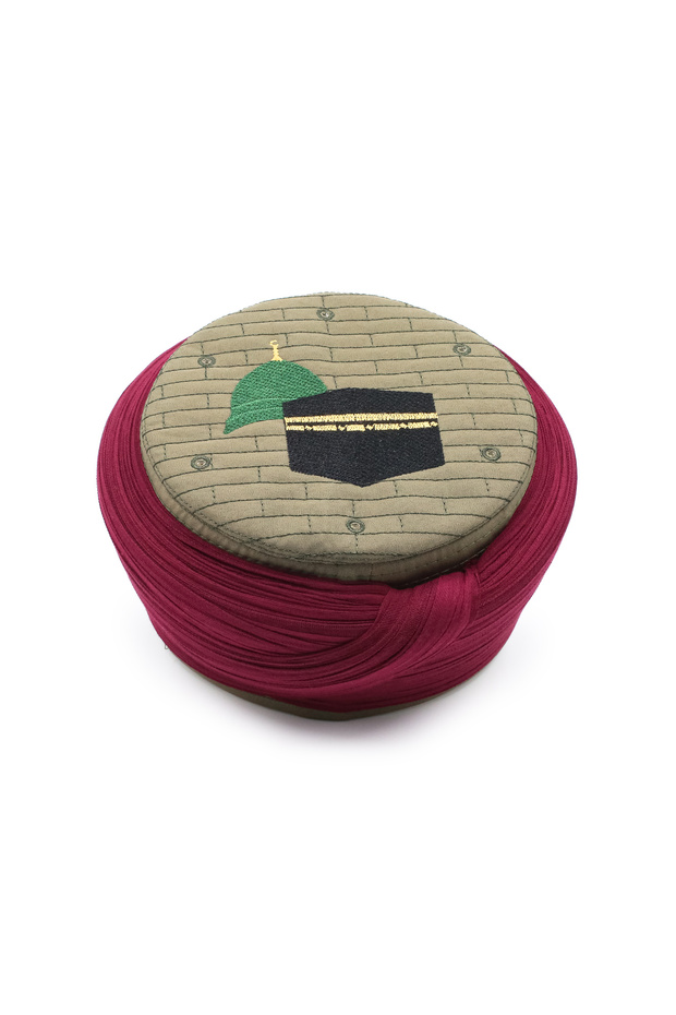 Hajj Umrah Sarige - Burgundy Fabric - Green Skullcap - Plain Wrap - Mecca-Medina - 7 Meters
