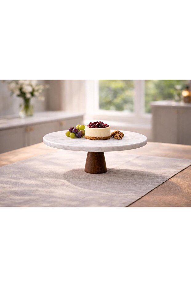 Marble Presentation Stand 30 cm Diameter Natural Marble & Solid Wood Leg Cake Serving Stand Stylish Presentation Stand