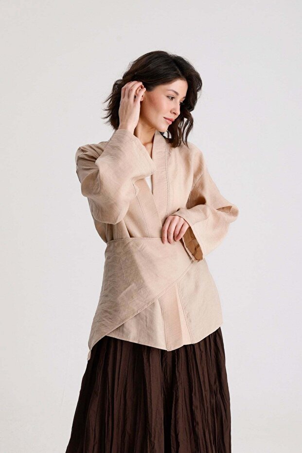 Stone Tencel Fabric Premium Double-Breasted Closure Women's Kimono 31073