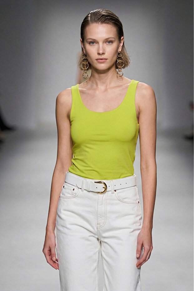 Women's Oil Green U-Neck Lined Sleeveless Sandy Fabric Blouse