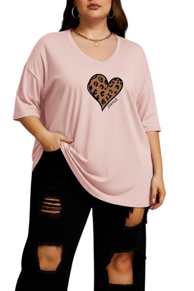 Heart Printed Large Size V-Neck Oversized Unisex T-Shirt 1Cz5
