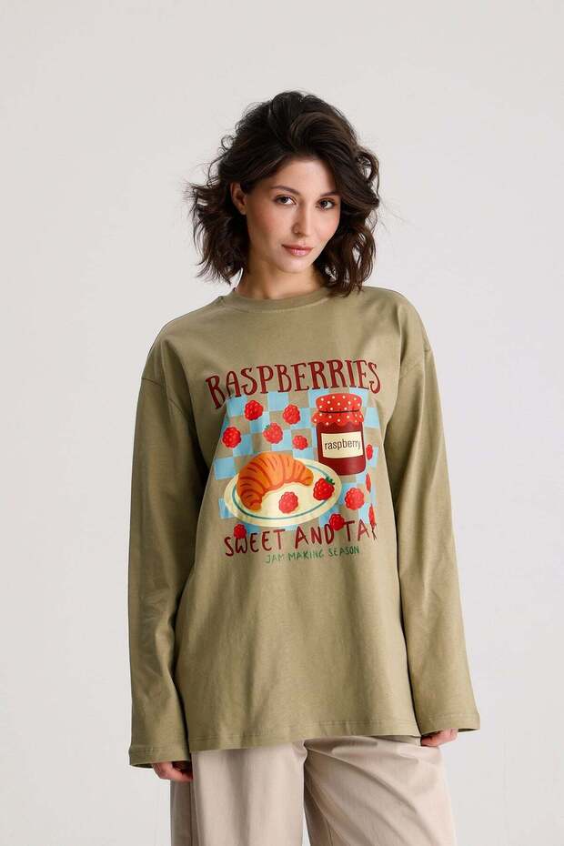 Women's Khaki Oversize Printed Cotton T-Shirt 31102