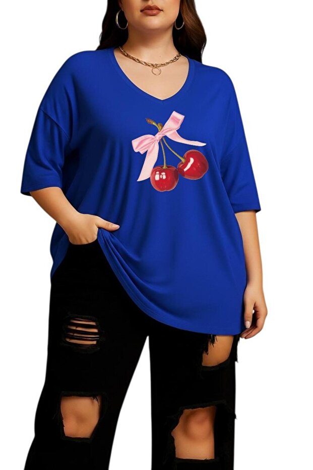 Ribbon-Cheery Printed Large Size V-Neck Oversize Unisex T-Shirt 1Cz4