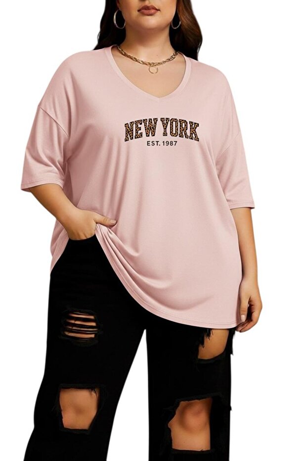 New York Printed Large Size V-Neck Oversized Unisex T-Shirt 1Cz3