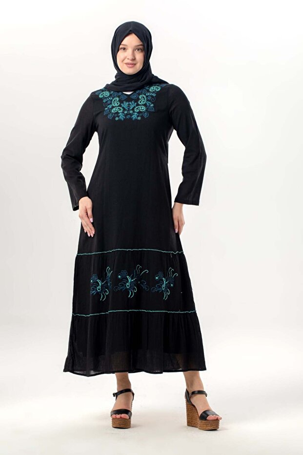Long Sleeve Venice Embroidered Şile Fabric Authentic Long Dress Black Syh