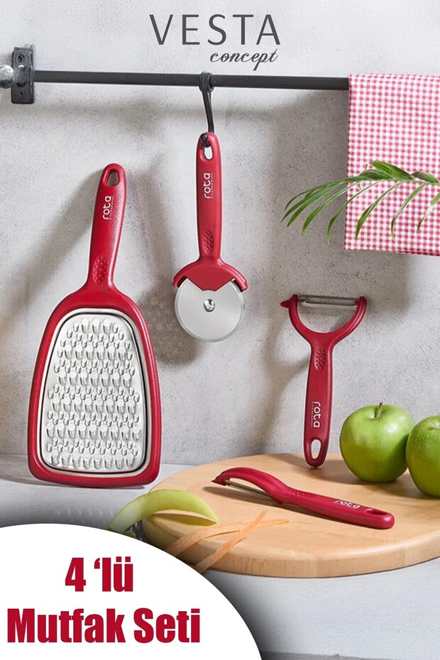 4-Piece Kitchen Prep Set - Stainless Steel Grater, Pizza Cutter, Horizontal and Vertical Peeler