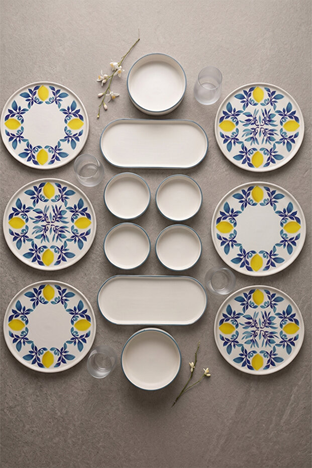 Limon 14 Piece 6-Person Stackable Ceramic Plate Set Premium Presentation & Breakfast Set