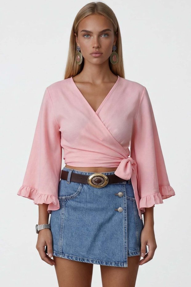 Pink V-Neck Tie-Detail Ruffled Sleeves Linen Blouse Alc-X15332
