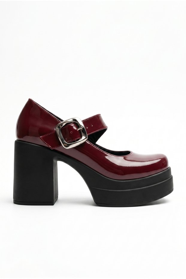 Women's High Heeled Stylish Buckle Elastic Band Closed Toe Burgundy Patent Leather Ballerina Loafer Shoes