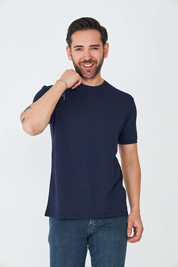 Navy Blue Round Neck Basic T-Shirt - 4