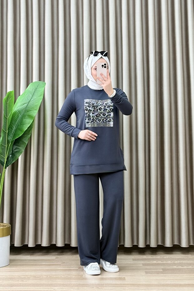 Ebrar Takim Crystal Fabric Women's Smoked Leopard Patterned Glue Stone Detailed Hijab Pantsuit