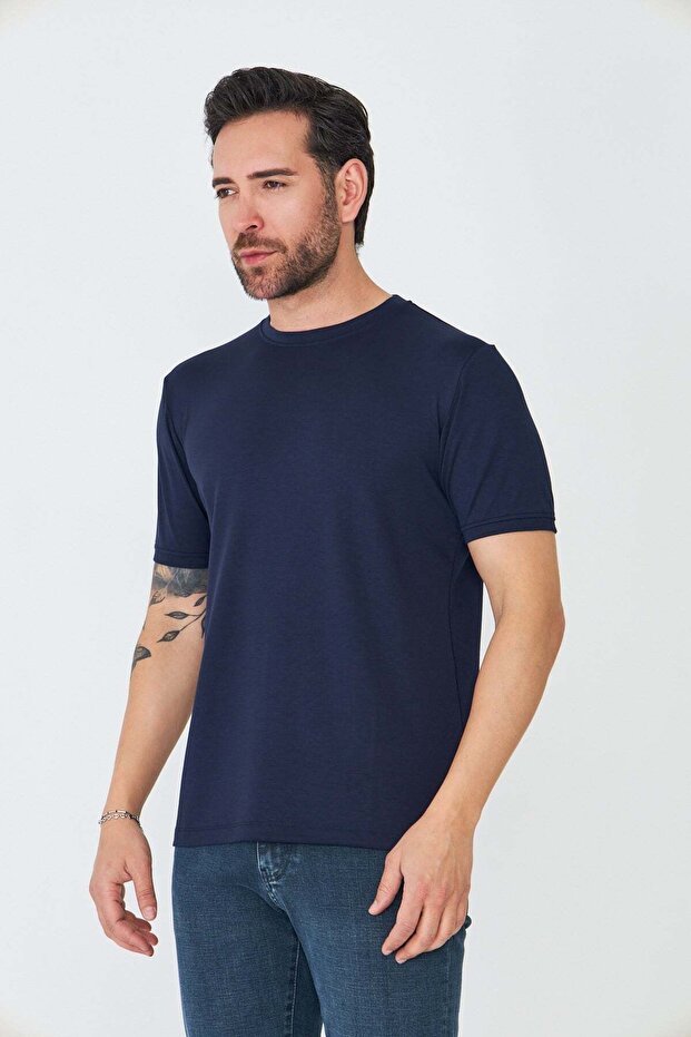Navy Blue Round Neck Basic T-Shirt - 2