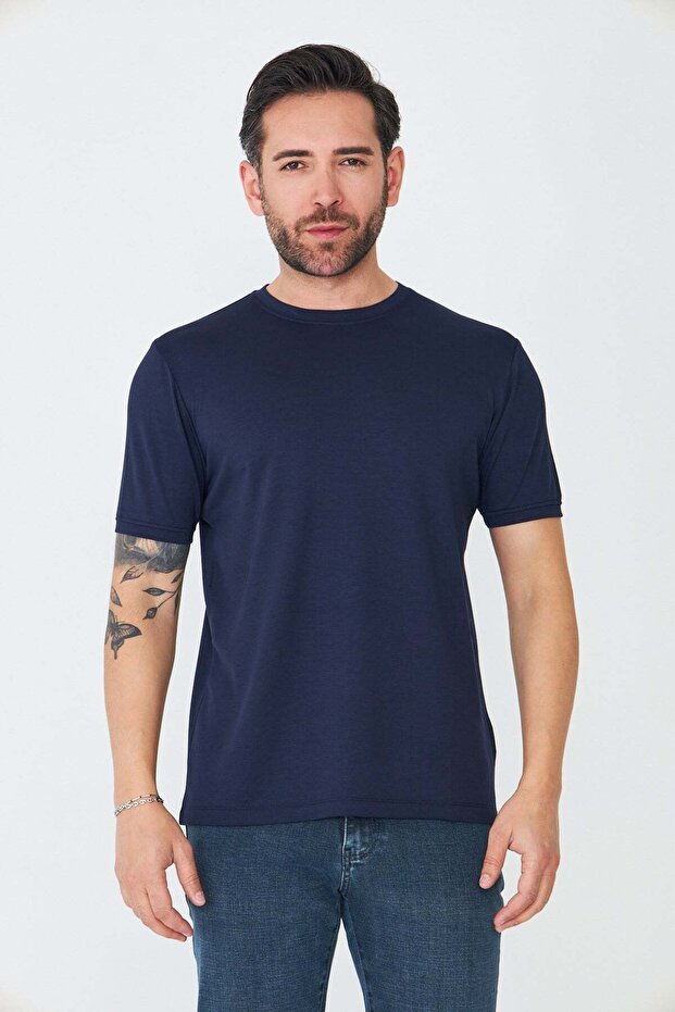 Navy Blue Round Neck Basic T-Shirt - 1