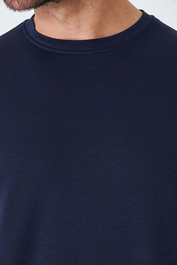 Navy Blue Round Neck Basic T-Shirt - 7