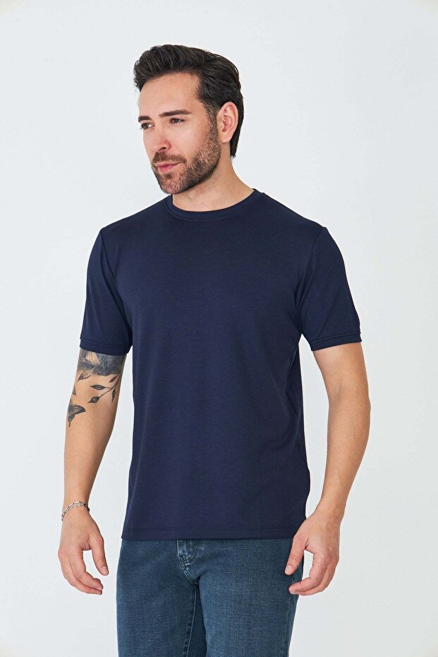 Navy Blue Round Neck Basic T-Shirt - 5
