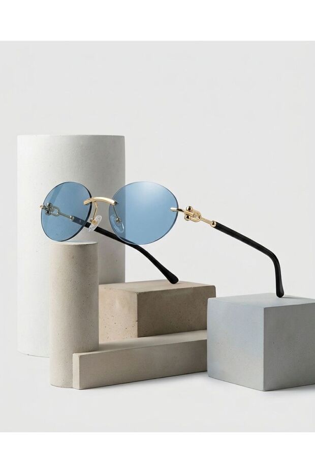Arya Gold Metal Oval Frameless Women's Sunglasses with Blue Lenses and Gold Accessories, Uv400 Protection