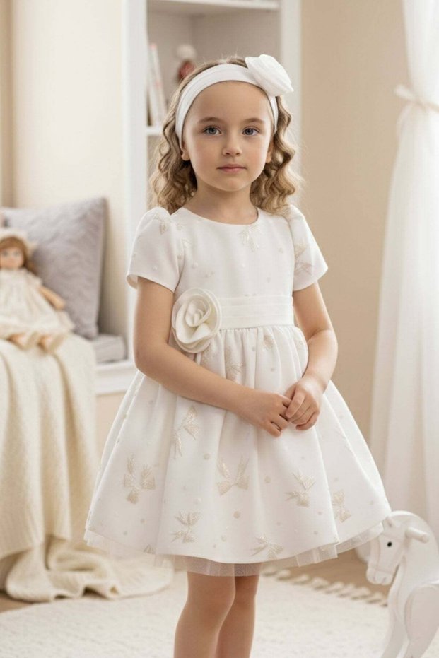 Baby Girl 6-24 Months Bow Embossed Patterned Dress Ecru