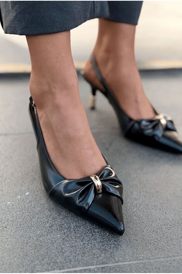 Lorvani Stiletto Black Matte Leather with Bow Detail