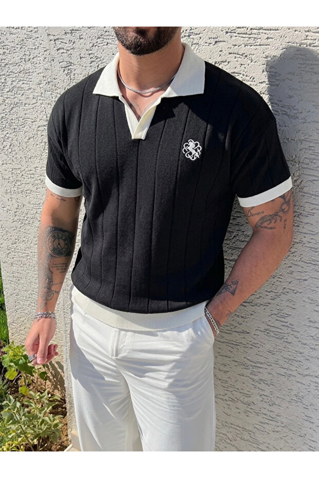 Embroidered Color Gradient Polo Collar Knitwear Tshirt Black