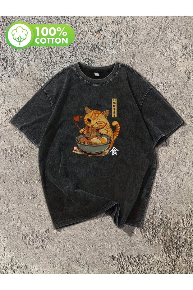 Retro Sweet Cute Cat Printed Unisex Washable Vintage Oversize T-Shirt